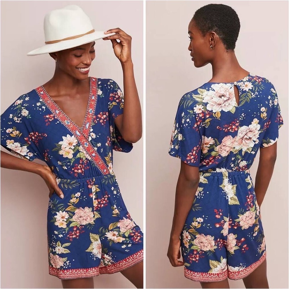 FARM Rio Anthropologie Blue Floral V Neck Flutter Sleeve Romper XS Vacaty